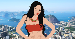 Stylized avatar of a Brazilian woman with long dark hair standing in front of a vibrant cityscape – Conchita Brazil branding